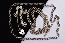 A SILVER ALBERT CHAIN, NECKLACE AND BRACELET, the graduated albert chain fitted with a T-bar, fitted