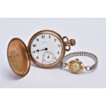 A LADIES 9CT GOLD CASED WRISTWATCH AND A GOLD PLATED POCKET WATCH, the ladies wristwatch with a