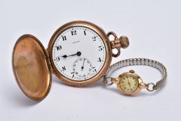 A LADIES 9CT GOLD CASED WRISTWATCH AND A GOLD PLATED POCKET WATCH, the ladies wristwatch with a
