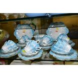 AN EDWARDIAN WILEMAN & CO FOLEY CHINA TRANSFER PRINTED BLUE AND WHITE TEA SET, Neo-classical