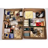TWO BOXES OF ASSORTED ITEMS, to include a quantity of costume jewellery such as Wedgwood brooch, a