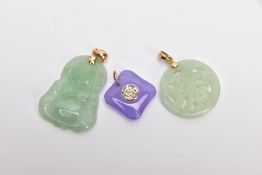 THREE JADE PENDANTS, the first a carved Buddha, fitted with a tapered bail, stamped '14k', the