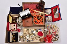 A BOX OF ASSORTED ITEMS, to include a wooden jewellery box with beaded necklaces, a small blue
