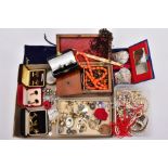 A BOX OF ASSORTED ITEMS, to include a wooden jewellery box with beaded necklaces, a small blue