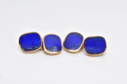 A PAIR OF 9CT GOLD, LAPIS LAZULI CUFFLINKS, each designed with two rub over set lapis lazuli set