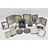 A BOX OF SILVER, SILVER PLATE AND WHITE METAL PHOTOFRAMES, to include a small silver, rectangular