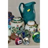 A GROUP OF GLASSWARES, GINGER JARS, PICTURES etc, to include a cranberry coloured jug, height