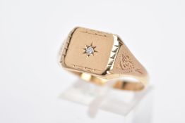 A GENTS 9CT GOLD DIAMOND SET SIGNET RING, of a square form, with a central star set single cut