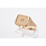 A GENTS 9CT GOLD DIAMOND SET SIGNET RING, of a square form, with a central star set single cut