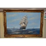 A. FULTON (20TH CENTURY) a three mast square rigged ship under full sail in open seas, signed bottom