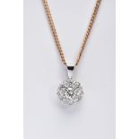 A LATE 20TH CENTURY ROUND DIAMOND CLUSTER PENDANT AND CHAIN, centring on a modern round brilliant