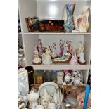 THREE BOXES AND LOOSE CERAMICS AND DECORATIVE ITEMS etc to include female figure sculptures by