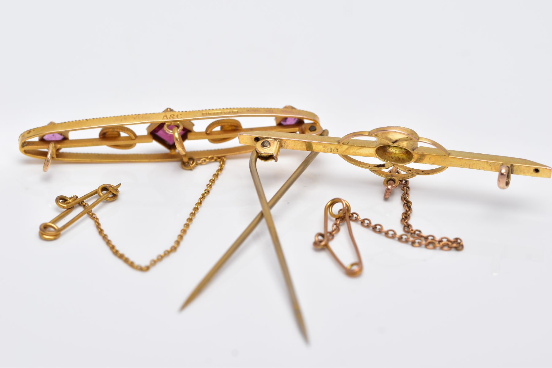 TWO EARLY 20TH CENTURY BAR BROOCHES, a 9ct gold amethyst garnet and seed pearl brooch, hallmarked - Image 4 of 4