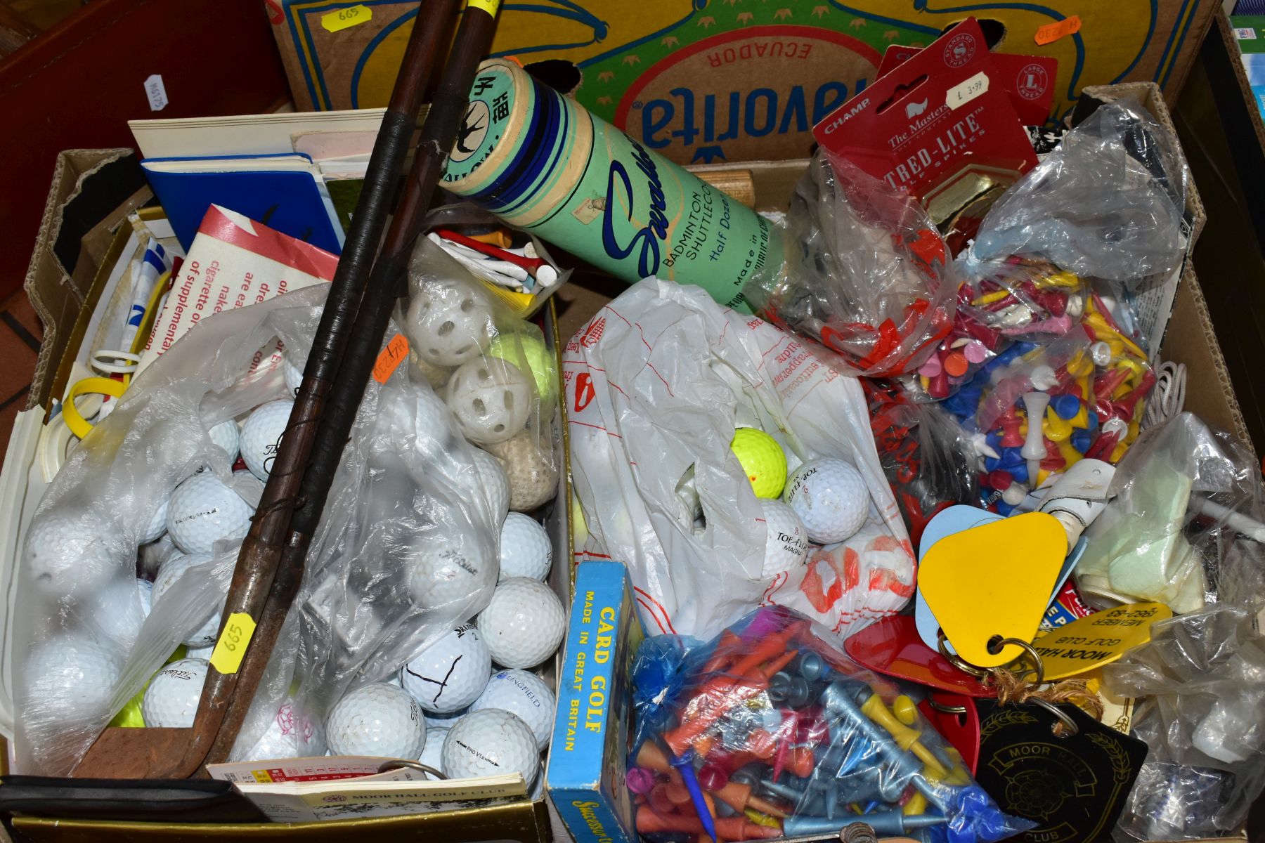 THREE BOXES OF SPORTING RELATED EQUIPMENT AND BOOKS, ETC, including golf balls, tees, Moor Hall Golf - Image 4 of 7