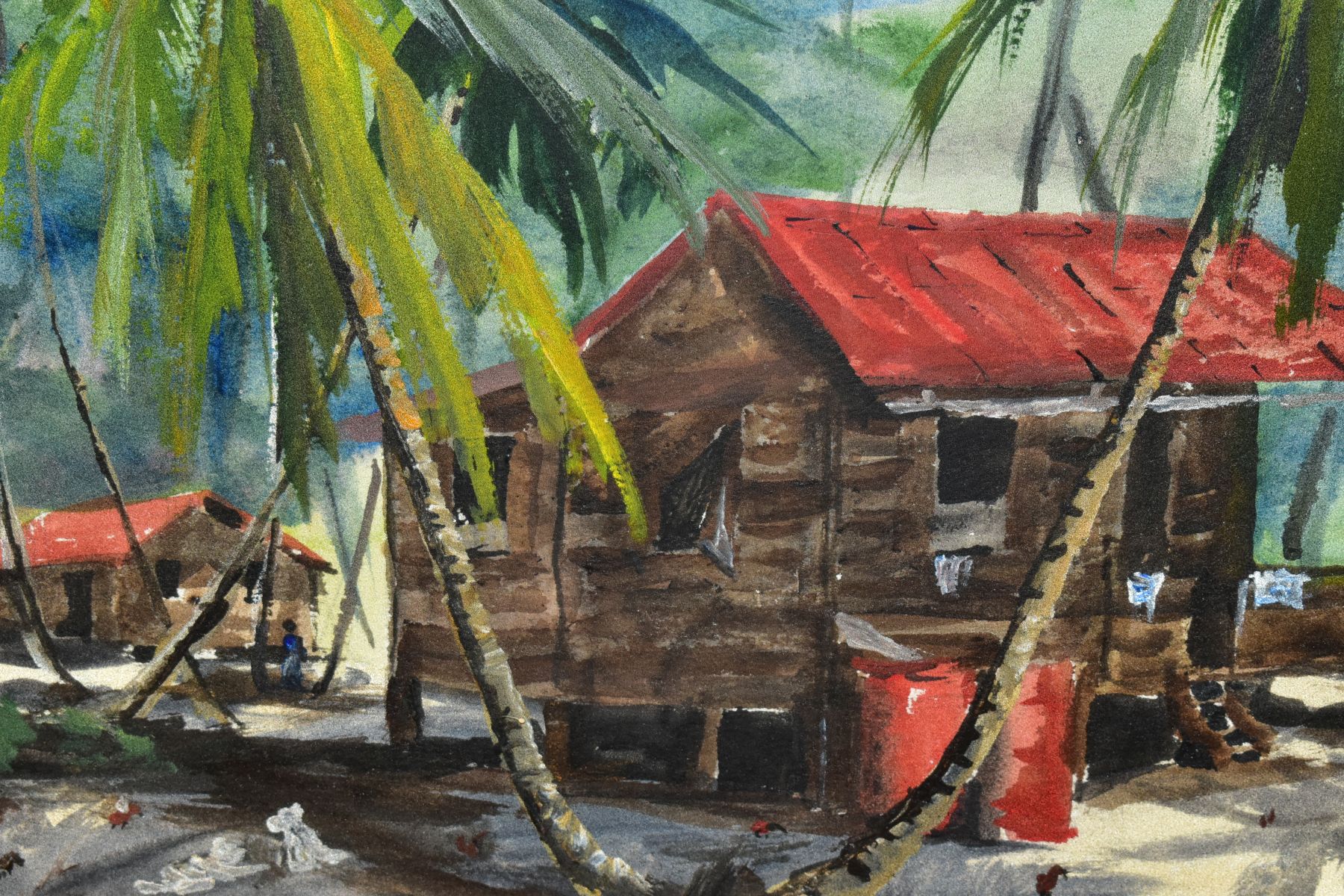 EDWIN HINGWAN (TRINIDAD 1932-1976) BEACH HUTS AND PALM TREES, signed and dated (19)75 bottom left, - Image 3 of 4