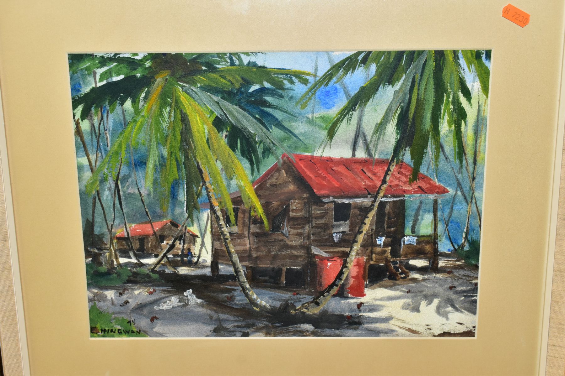 EDWIN HINGWAN (TRINIDAD 1932-1976) BEACH HUTS AND PALM TREES, signed and dated (19)75 bottom left, - Image 2 of 4