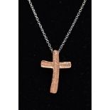 A MODERN 18CT ROSE GOLD DIAMOND SET CROSS AND WHITE GOLD CHAIN, a small textures rose gold cross