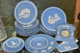 A COLLECTION OF WEDGWOOD PALE BLUE JASPERWARE, to include a set of ten Christmas plates 1976-