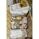 A QUANTITY OF COLLECTORS DOLLS, SOFT TOYS AND WHITE PAINTED DOLL'S PRAM, including a boxed Royal