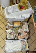 A QUANTITY OF COLLECTORS DOLLS, SOFT TOYS AND WHITE PAINTED DOLL'S PRAM, including a boxed Royal