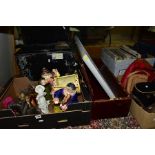 A QUANTITY OF COLLECTABLES, CERAMICS AND SUNDRIES, in three boxes, chest, tin trunk, etc,