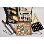A BOX OF VARIOUS CUTLERY ITEMS, to include cased sets of fish knives, cake forks, a metal dagger