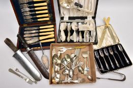 A BOX OF VARIOUS CUTLERY ITEMS, to include cased sets of fish knives, cake forks, a metal dagger