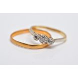 A YELLLOW METAL THREE STONE DIAMOND RING AND A 22CT GOLD BAND, the diamond ring centring on an