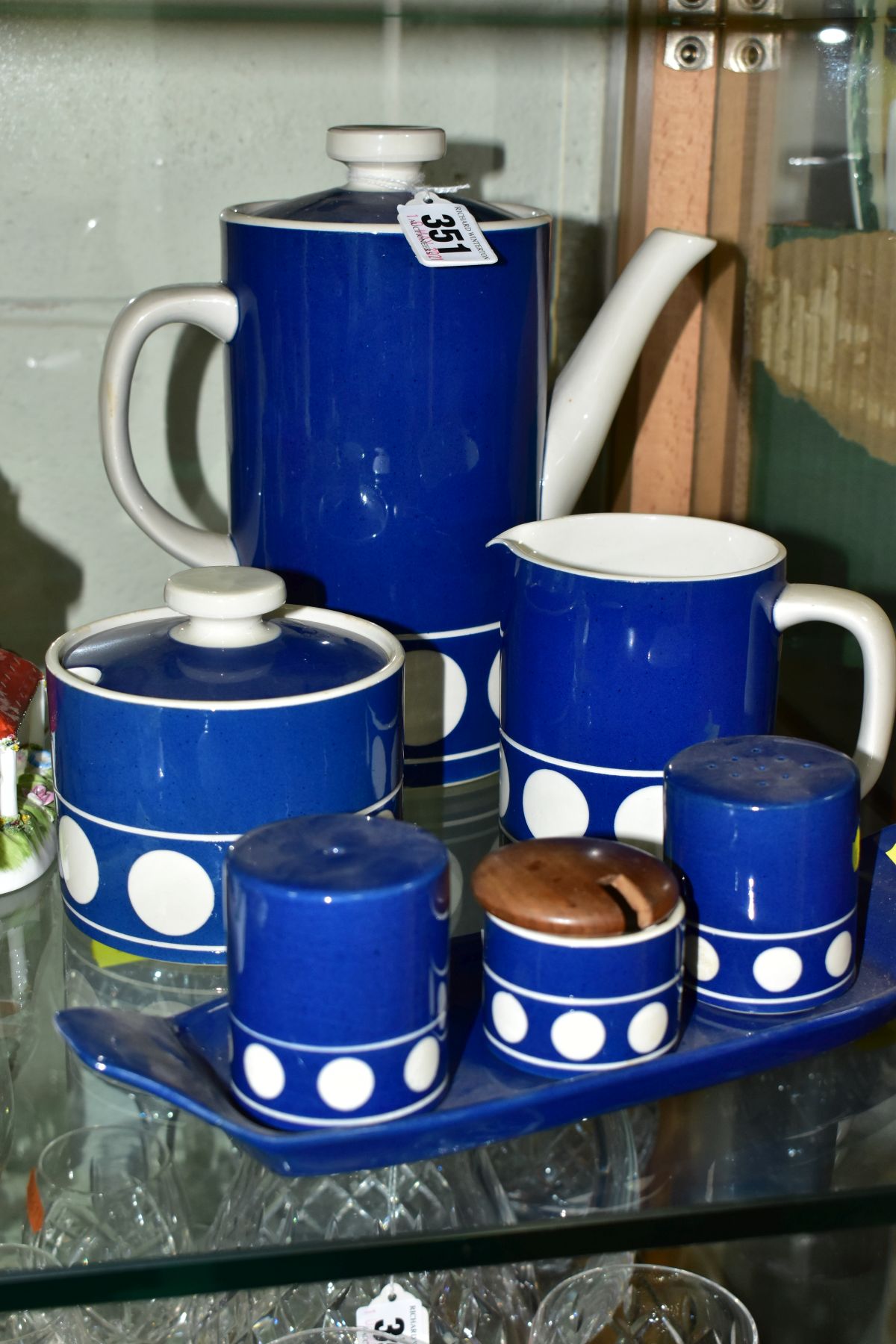 A T.G. GREEN LTD 'JERSEY BLUE', TWO PIECE COFFEE SET, MATCHING CONDIMENT SET ON TRAY AND A