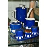 A T.G. GREEN LTD 'JERSEY BLUE', TWO PIECE COFFEE SET, MATCHING CONDIMENT SET ON TRAY AND A