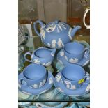 A SMALL COLLECTION OF WEDGWOOD PALE BLUE JASPERWARE, comprising a tea pot and cover and flattened