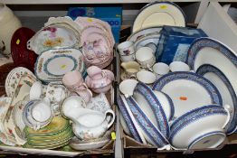 TWO BOXES OF WEDGWOOD ROYAL WORCESTER, ROYAL ALBERT AND TUSCAN CHINA TEA AND DINNER WARES, including