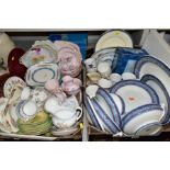 TWO BOXES OF WEDGWOOD ROYAL WORCESTER, ROYAL ALBERT AND TUSCAN CHINA TEA AND DINNER WARES, including