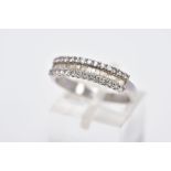 A 9CT WHITE GOLD HALFHOOP DIAMOND RING, designed with a central row of rectangular cut diamonds