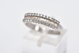 A 9CT WHITE GOLD HALFHOOP DIAMOND RING, designed with a central row of rectangular cut diamonds