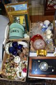 THREE BOXES AND LOOSE FIGURAL AND ANIMAL ORNAMENTS, GLASSWARE, CLOCKS, ETC, including a vintage