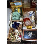 THREE BOXES AND LOOSE FIGURAL AND ANIMAL ORNAMENTS, GLASSWARE, CLOCKS, ETC, including a vintage