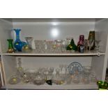 A GROUP OF CUT/COLOURED GLASSWARES, etc, to include a pair of Waterford crystal wines, a Stuart