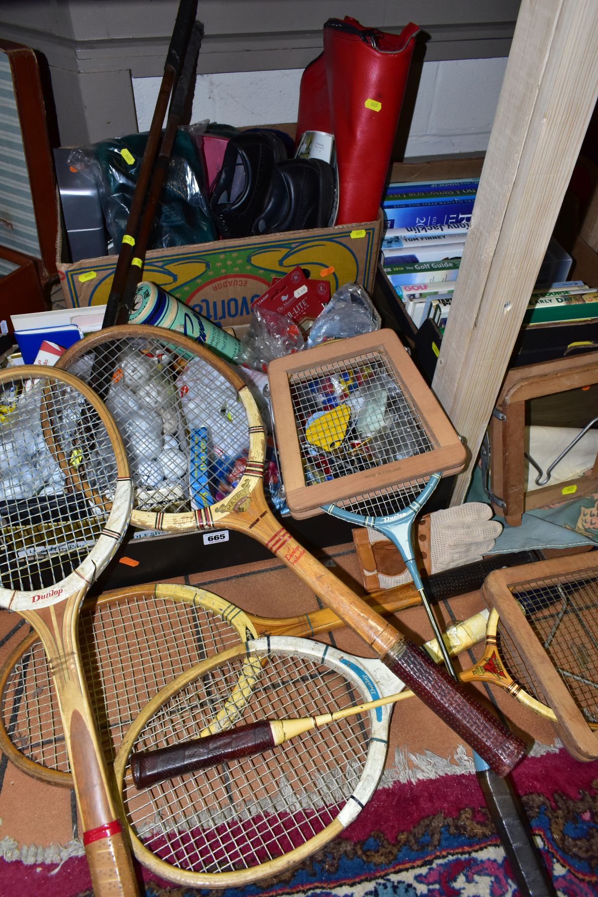 THREE BOXES OF SPORTING RELATED EQUIPMENT AND BOOKS, ETC, including golf balls, tees, Moor Hall Golf