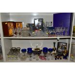 A GROUP OF CUT/CLEAR AND COLOURED GLASSWARES, to include a boxed set of six Edinburgh crystal