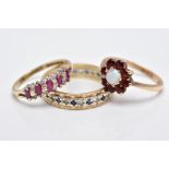 THREE 9CT GOLD GEM SET RINGS, to include a full eternity ring set with colourless spinel and blue