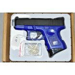 A BOXED G26 AIRSOFT GUN, blue, manufactured in China, with a small quantity of balls (PURCHASER MUST