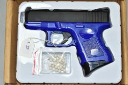 A BOXED G26 AIRSOFT GUN, blue, manufactured in China, with a small quantity of balls (PURCHASER MUST
