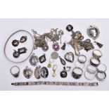 A BAG OF ASSORTED WHITE METAL JEWELLERY, to include twelve rings of various designs, a pair of '