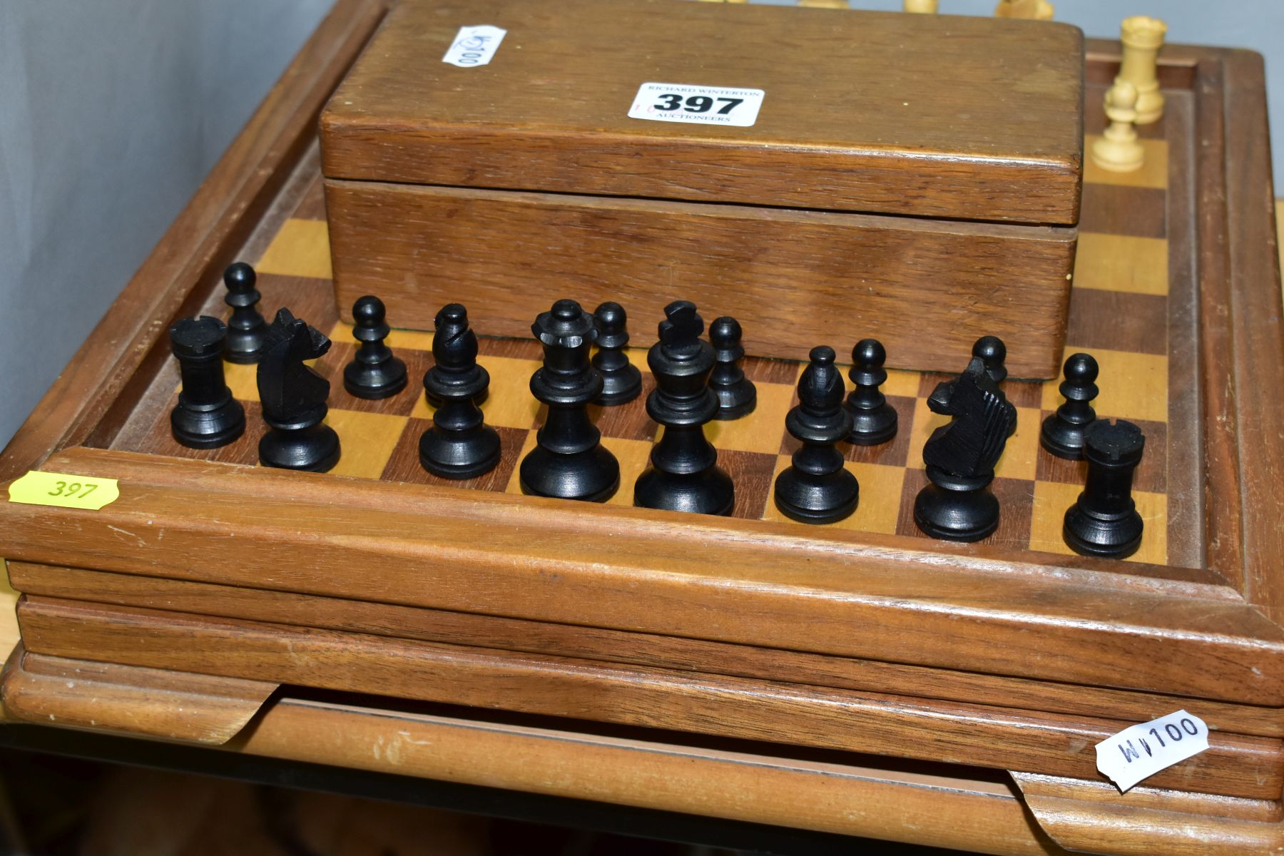 A MID 20TH CENTURY WOODEN CHESS BOARD AND CHESS PIECES, the board with lift off top opening to - Image 2 of 4