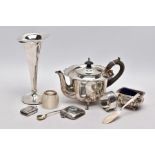 A SELECTION OF SILVER AND WHITE METAL ITEMS, to include an early 20th century AF silver teapot, wavy