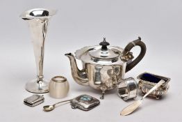 A SELECTION OF SILVER AND WHITE METAL ITEMS, to include an early 20th century AF silver teapot, wavy