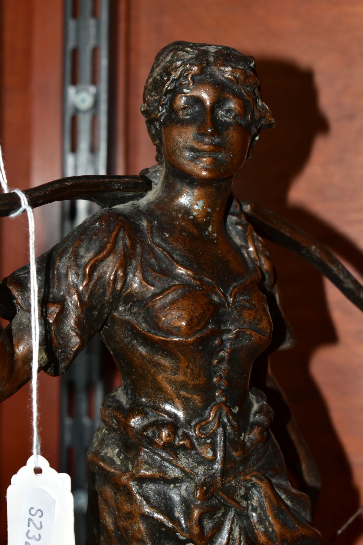 A PAIR OF BRONZED SPELTER FIGURES, the first depicts a female carrying grapes and vine titled - Image 8 of 8