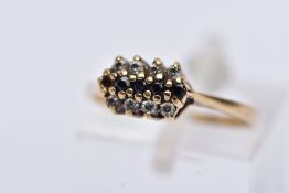 A 9CT GOLD CLUSTER RING, designed with a row of five circular cut blue sapphires, within two rows of