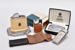 A 'RONSON' TOUCH TIP TABLE LIGHTER, A BOXED 'RONSON' LIGHTER AND TWO OTHERS, an art deco style cream